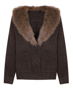 Dark Brown Cardigan with Detachable Faux Fur Collar, £45.99 (939554427)