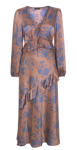 Brown Floral Satin Ruffled Midi Dress, £37.99 (943054929)