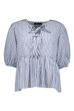 Blue Seersucker Bow Front Blouse