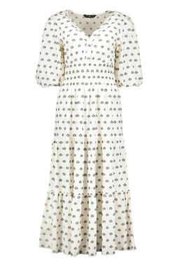 Neutral Embroidered Tiered Midi Dress