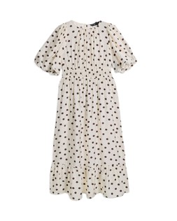 Cream Puff Sleeve Shirred Waist Spot Midi Dress