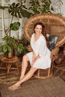 Kelly Brook in White Broderie Mini Dress