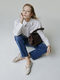 Dune London - DeliberateXS 49 GBP micro bag charm, DeliberateL 129 GBP chocolate woven bag & Headline ecru maryjane ballet flats 79 GBP www.dunelondon.com
