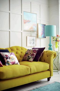 Joules Windsor three-seater sofa in yellow velvet, available exclusively at DFS