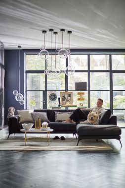Carl and Carter Cunard on the Lexia Left Hand Facing Arm Open End Corner sofa in Black velvet