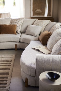 DFS Bellino Bouclé Pillow Back 3 Corner 3 Sofa in Cream and Toffee Combination