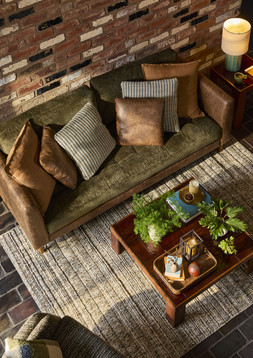 Salvage Yard AW26 - Max faux-leather 3-seater sofa £699 | Cartmel linen cushion £24 Vintage stripe cushion cover £12 | Lavina coffee table £349