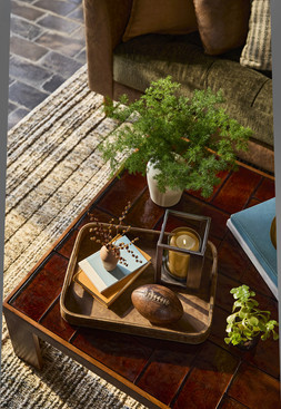 Salvage Yard AW26 - Max faux-leather 3-seater sofa £699 | Cartmel linen cushion £24 Vintage stripe cushion cover £12 | Lavina coffee table £349