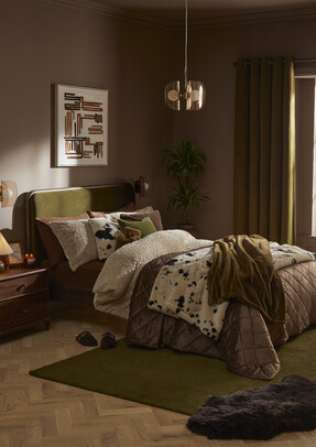 Cosy Home Winter Chocolate -- Tufted abstract framed canvas £60 | Darla bed £399 | Timeless fur double duvet cover set £33 from Dunelm