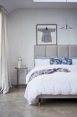 Furniture Village – Hypnos Bespoke Brilliance 5'0 Divan, &pound;949, Riley 5'0 Headboard, &pound;499, Edna Nest of Tables, &pound;169, The Lounge Co. Cushions, &pound;89