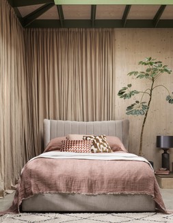 Furniture Village Bourne Ottoman King Bed Frame in Aston Linen, &pound;1,099 Boheme Rug in Beige, from &pound;99 Dugan Table Lamp, &pound;149
