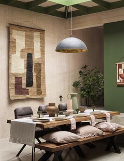 Furniture Village Bodahl, Njord Raw Edge 220cm Dining Table with Metal Star Base in Old Bassano,Dining Bench and 3 Dining Chairs, &pound;2,995 Anders Dome Pendant in grey, &pound;199