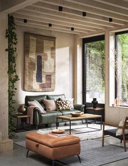 Furniture Village Jude 3-Seater Leather Power Recliner Sofa in Montana Oslo Pine with Telescopic Headrests, &pound;1,995 Jude Fabric Storage Footstool in Pumpkin Dexter, &pound;395 Globe Coffee Table, &pound;419 Globe Nest of Tables, &pound;339 Arran Table Lamp, &pound;159 Boheme Rug in Beige, from &pound;99 Ives Rug in Black/ White, from &pound;99
