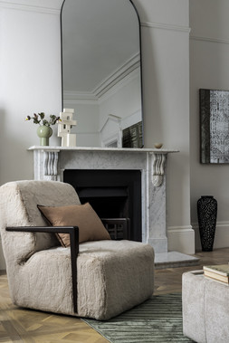 Heston Large Arch Mirror in Black – £259 & Aura Swivel Chair in Bear Beige - £845