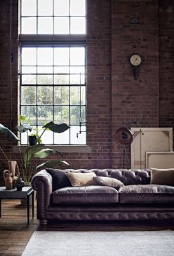 Furniture Village - Alexander and James Brixton 4 Seater Leather Sofa, &pound;2295, Toldeo Lamp Table, &pound;159, Sona Tripod Lamp, &pound;99, Varrick Rug, &pound;499