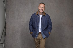Cord Collared Denim Shacket Indigo £59, Long Sleeve Denim Shirt Stonewash £35, Short Sleeve Crew Neck Base Layer Top White £14, & Signature Stretch Chino Trousers Camel £39- EMBARGOED UNTIL 20TH AUGUST 2026