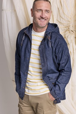 LIGHTWEIGHT COTTO JACKET INDIGO £49 & STRIPE CREW NECK T-SHIRT SOFT GOLD £15 & SIGNATURE STRETCH CARGO SHORTS PECAN £35