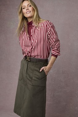 Long Sleeve Printed Cotton Shirt £35 , Rollneck Top £16, Stretch Cord Midi Skirt £36. (Available from August)