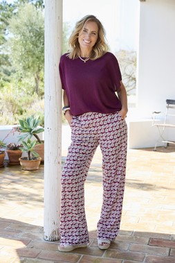 Printed Wide Leg Pull On Trousers Wild Rose £34 & Relaxed Fit Jumper Wild Rose £35.- Available from 7th May
