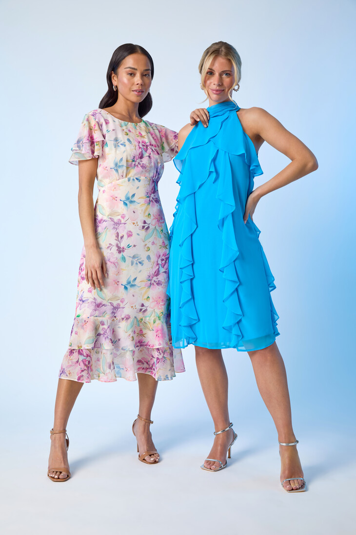 roman originals-roman petite turquoise halter neck ruffle shift dress roman petite pink floral double frill dress-ref2056014