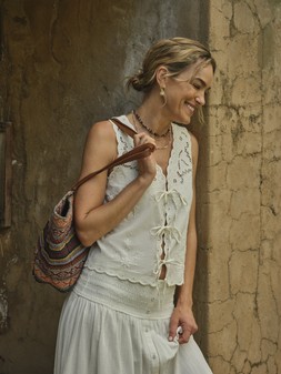 FatFace, Becky Embroidered Waistcoat, £52, Rhea Cutout Maxi Skirt, £59, Evalie Tote Bag, £22.50