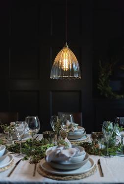 XL RIBBED GLASS LEDBURY PENDANT LIGHT ABOVE A CHRISTMAS DINING TABLE