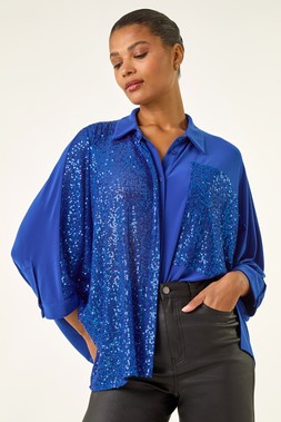 Roman Royal Blue Sequin Buttoned Blouse
