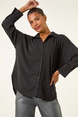 Roman Black Hotfix Collared Longline Shirt