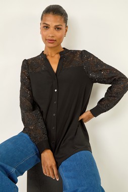 Roman Black Sequin Lace Insert Stretch Blouse