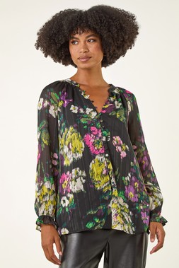 Roman Black Metallic Floral Print Blouse
