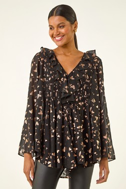 Roman Rose Foil Heart Print Frill Front Blouse