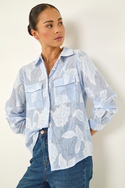 Roman Petite Blue Floral Jacquard Buttoned Blouse