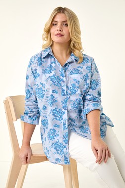 Roman Curve Blue Stripe Floral Print Blouse
