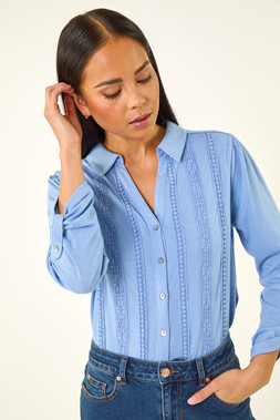 Roman Petite Blue Cotton Lace Trim Blouse