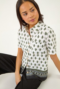 Roman Petite Ivory Border Print Button Blouse