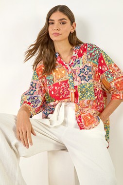 Roman Red Foil Spot Patchwork Print Top