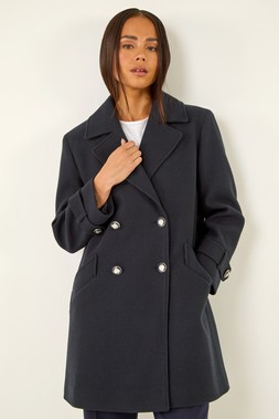 Roman Petite Navy Double Breasted Collared Peacoat
