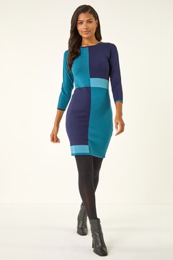 Roman Blue Colour Block Knitted Dress