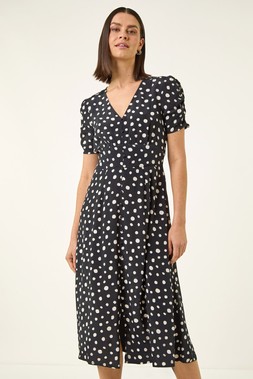 Roman Black Polka Dot Ruched Sleeve Midi Dress