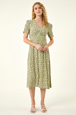 Roman Polka Dot Ruched Sleeve Midi Dress