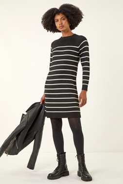 Roman Black Stripe Print Knitted Jumper Dress