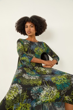 Roman Green Floral Hanky Hem Stretch Midi Dress