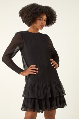 Roman Black Pleated Frill Hem Swing Dress