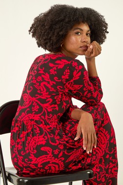 Roman Red Paisley Print Pocket Midi Stretch Dress