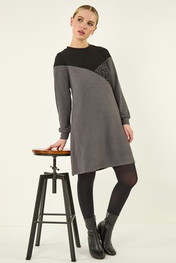 Roman Petite Dark Grey Stretch Animal Colour Block Dress