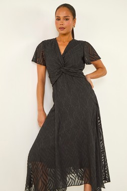 Roman Petite Black Front Twist Jacquard Dress