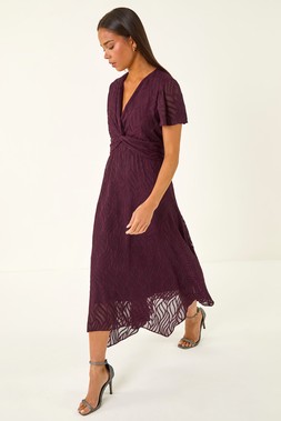 Roman Petite Wine Front Twist Jacquard Dress