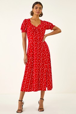 Roman Red Spotty Sweetheart Stretch Midi Dress
