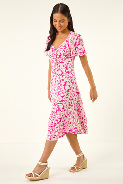 Petite Pink Floral Print Ruched Midi Dress