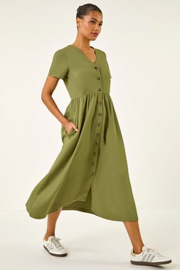 Roman Khaki Twill Button Through Midi Dress